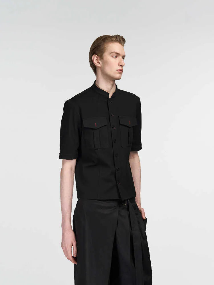 Handmade black half sleeve hunting shirt with shirt collar and loose fit design