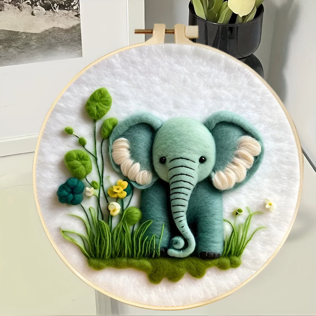 Round linen embroidery kit with wool felt, three-dimensional blanket painting, flowers grass leaves pattern, 20x20 cm, free frame included.