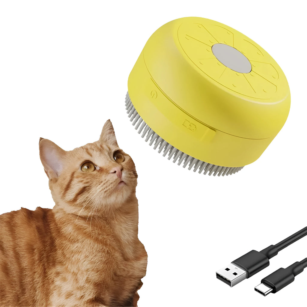 Green rechargeable cat steam brush with soft silicone head on a white background.