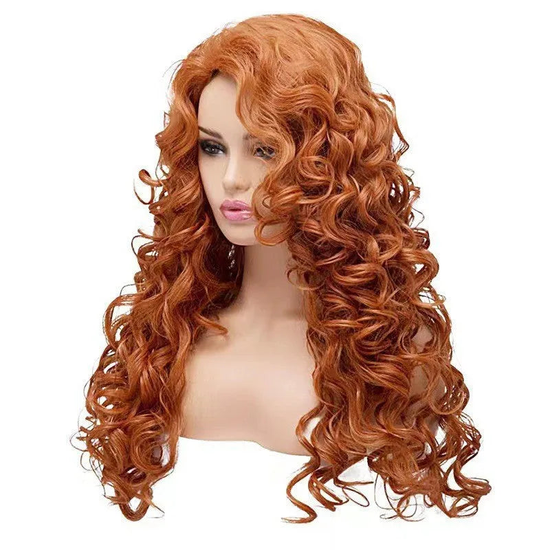 Brown long curly synthetic wig with wavy texture and heat-resistant fibres