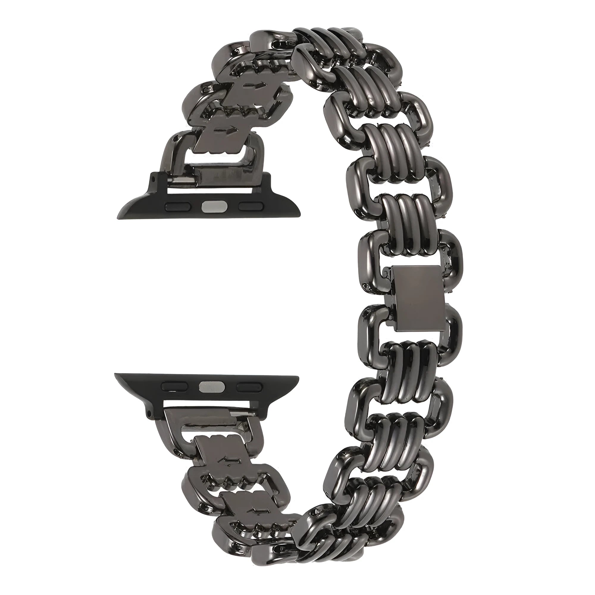 Alloy metal replacement bracelet for Apple Watch in silver, black, gold, rose gold, and Starlight colours.