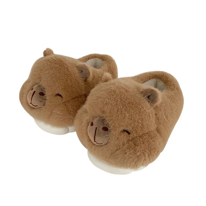 Light brown women's winter slippers with cartoon pattern, plush upper and artificial wool lining