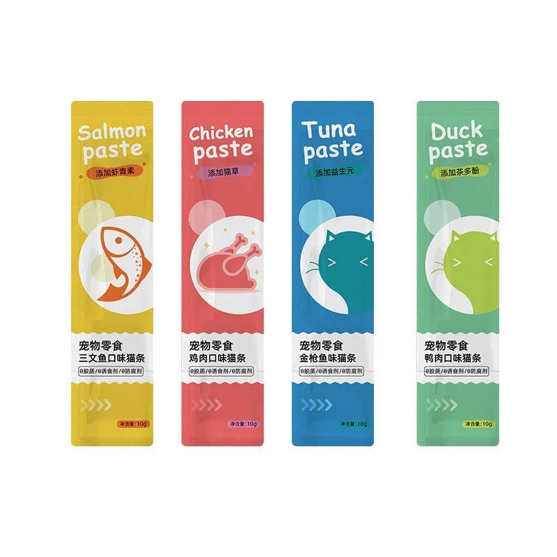 Pack of 10 cat strip snacks for kittens in four nutritional flavours
