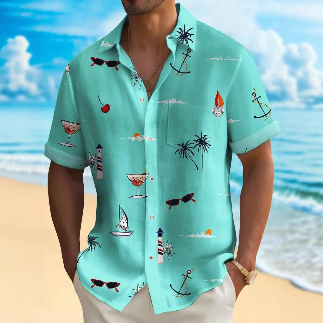 Men's loose fit Hawaiian shirt with digital print pattern and short sleeves.