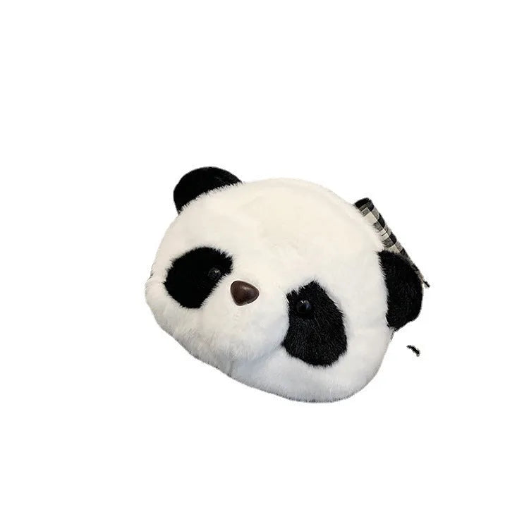 Soft plush crossbody bag with panda head design, cylindrical shape, and outer pocket.