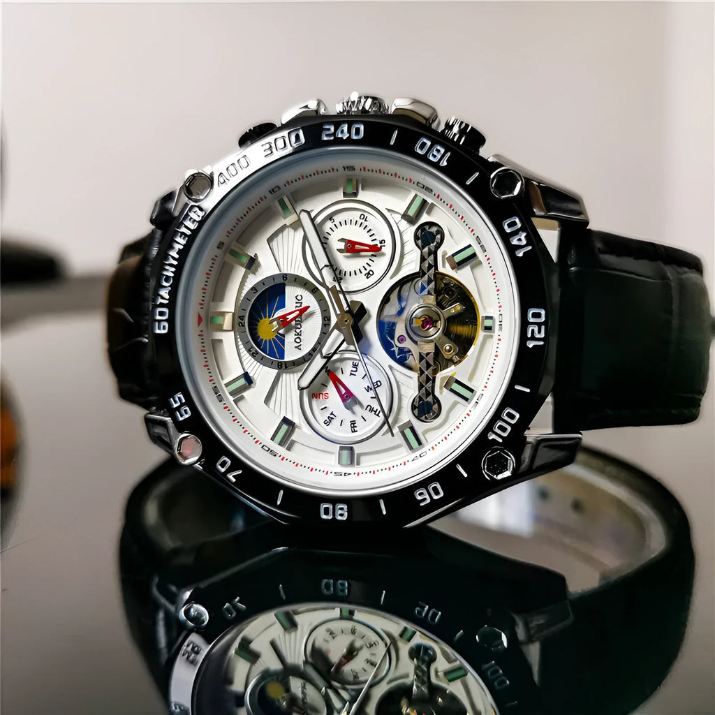Men's automatic mechanical watch with 12mm case in various colour combinations including silver, black steel and gold steel options
