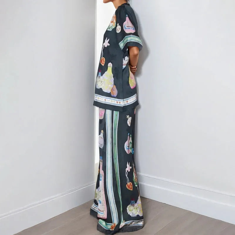 Women's black polyester sleeve cardigan set with cartoon pattern, sizes S-3XL