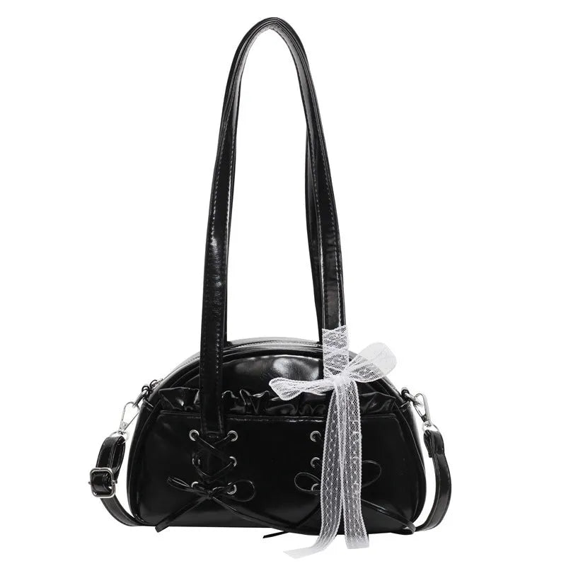 Women's bandage bow design PU leather shoulder handbag with mobile phone compartment in four colour options