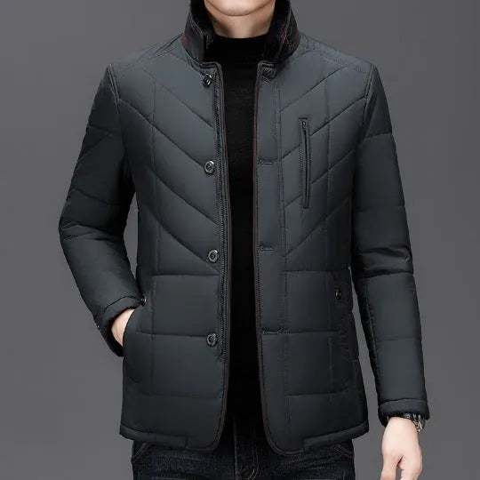 Men's dark blue winter short cotton-padded coat with side seam pockets on a size chart