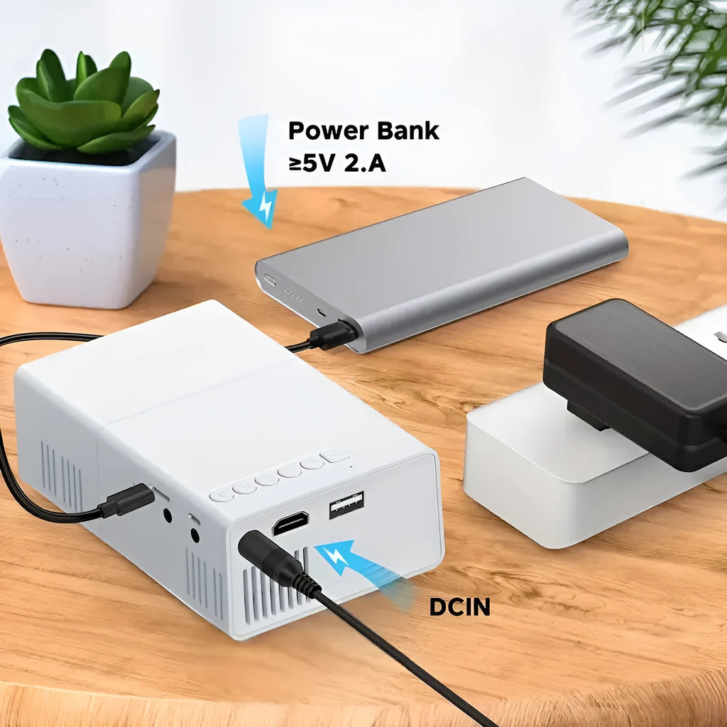 M100 mini home projector in white or black colour with remote control and cables