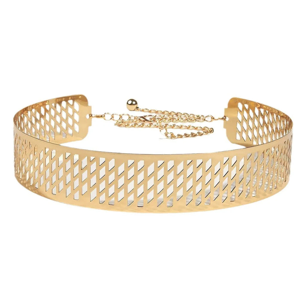 Golden lantern head punching net flower iron waist belt with alloy buckle, 105cm length, gold colour