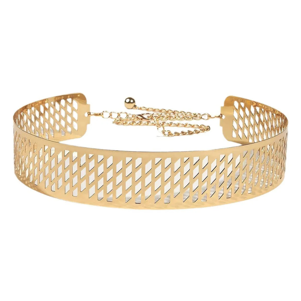 Golden lantern head punching net flower iron waist belt with alloy buckle, 105cm length, gold colour