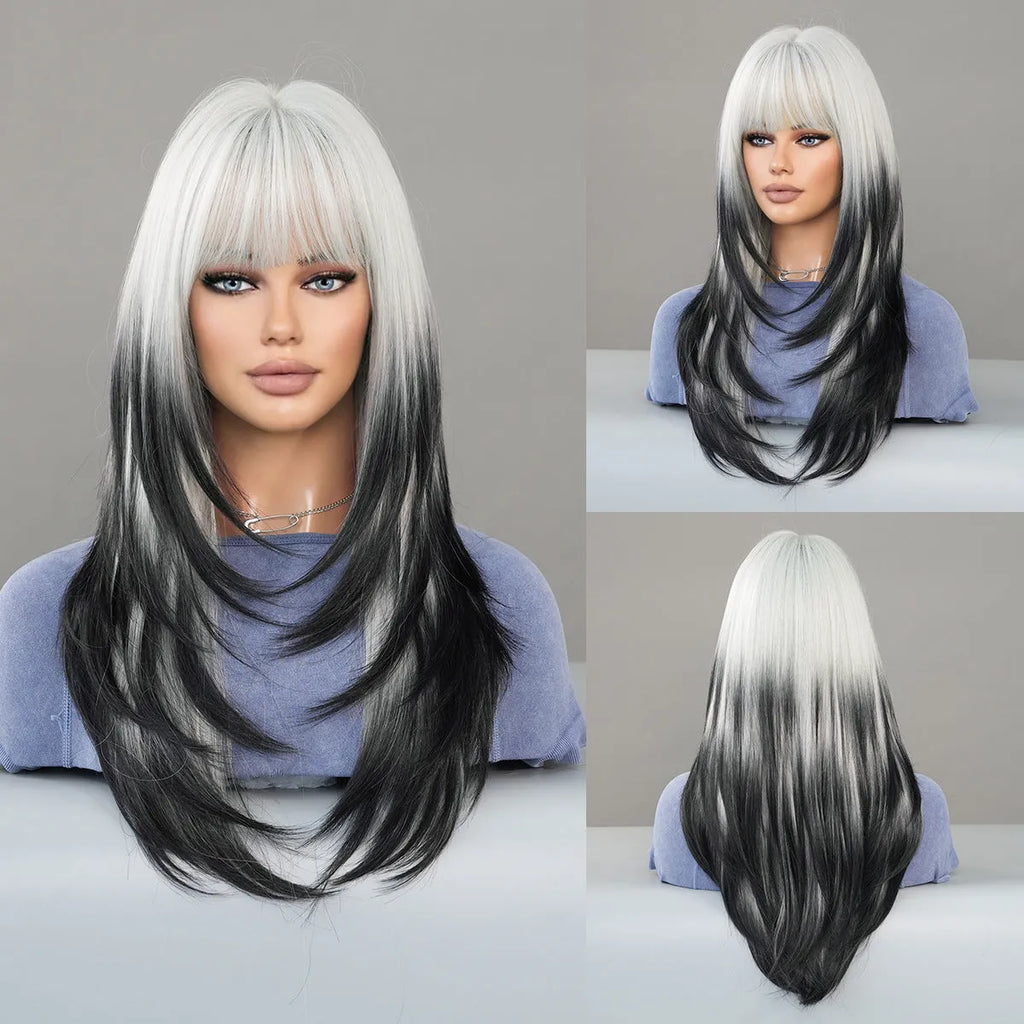 Vanilla green long straight women's wig with bangs, 63cm domestic silk, non-thermal dye