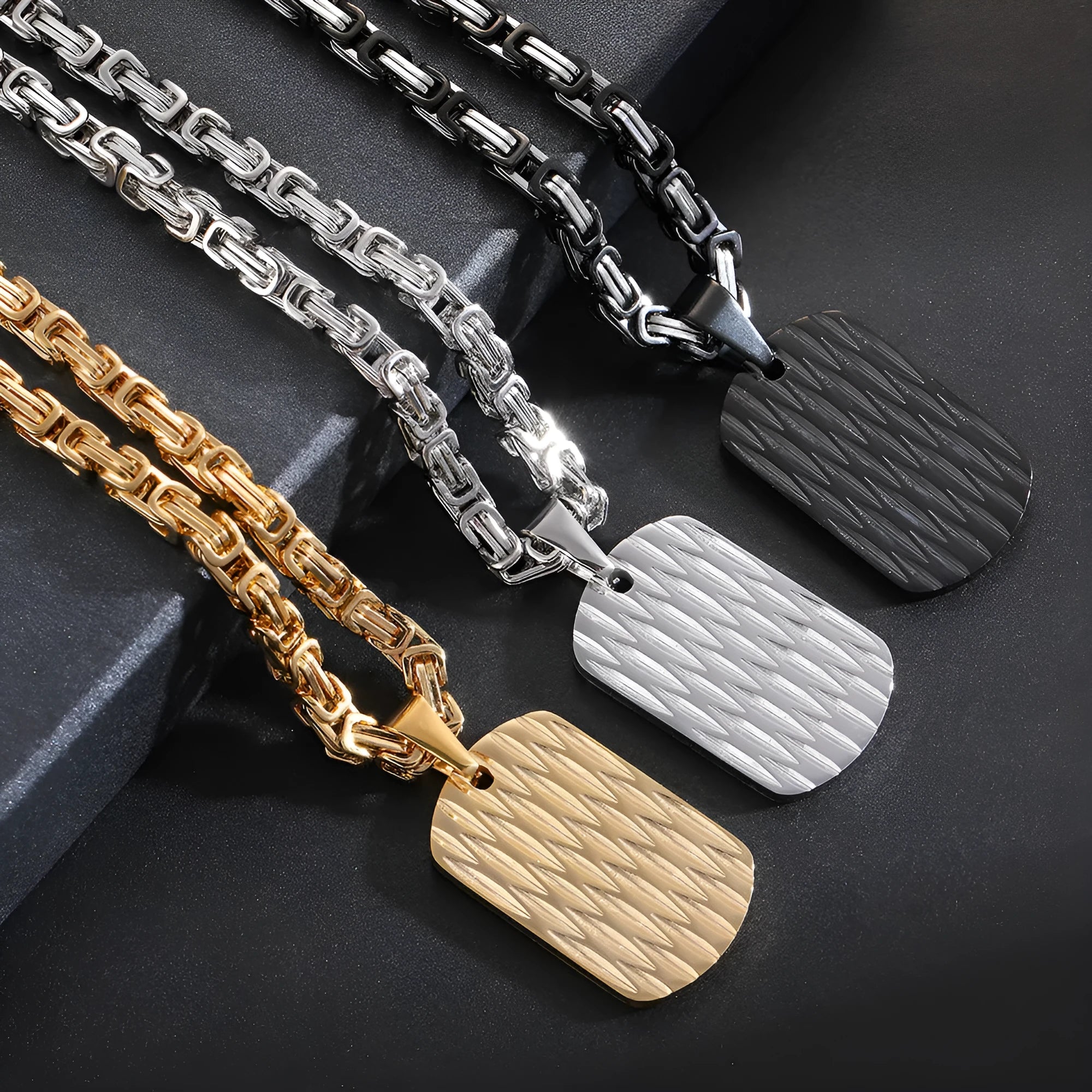 Men's titanium steel water ripple pendant necklace in black, gold, silver on Emperor Chain