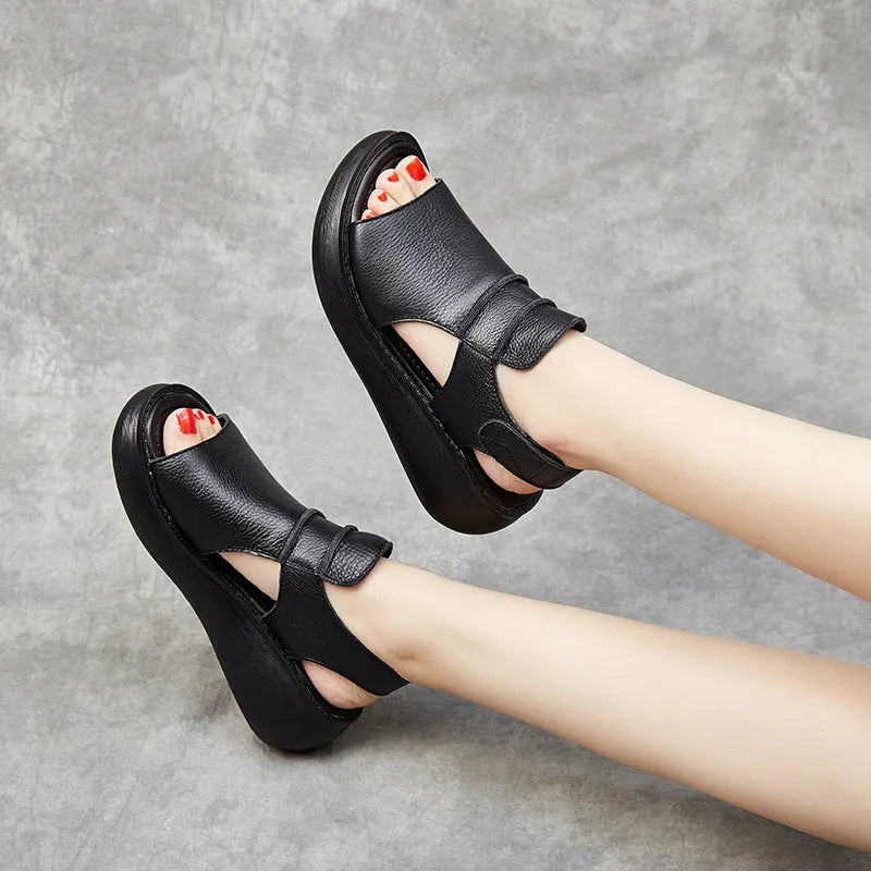 Women's peep toe casual sandals in genuine cowhide leather with raised bottom sole, white colour