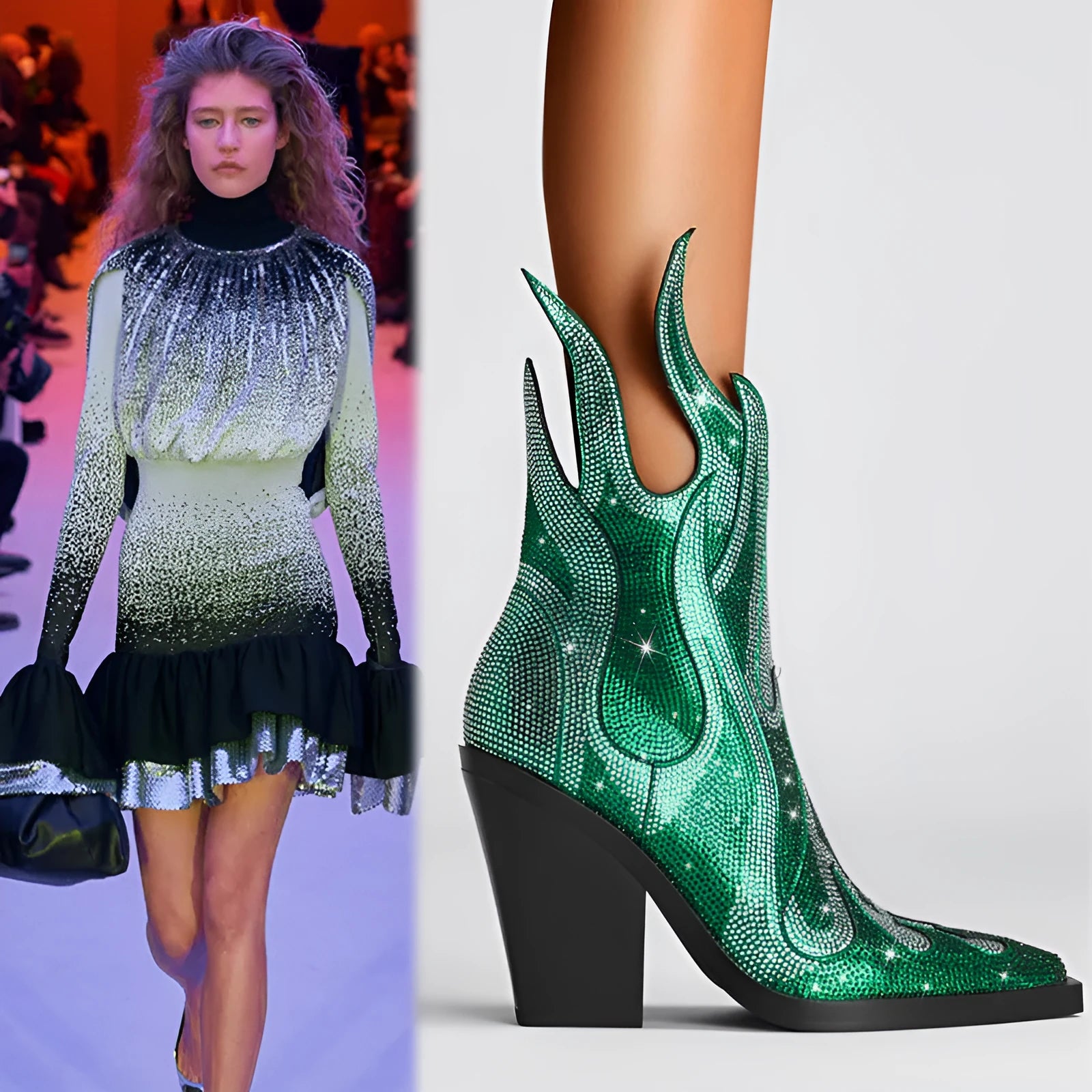 Women's square toe chunky heel rhinestone flame Martin boots in solid colour, side zipper, low tube