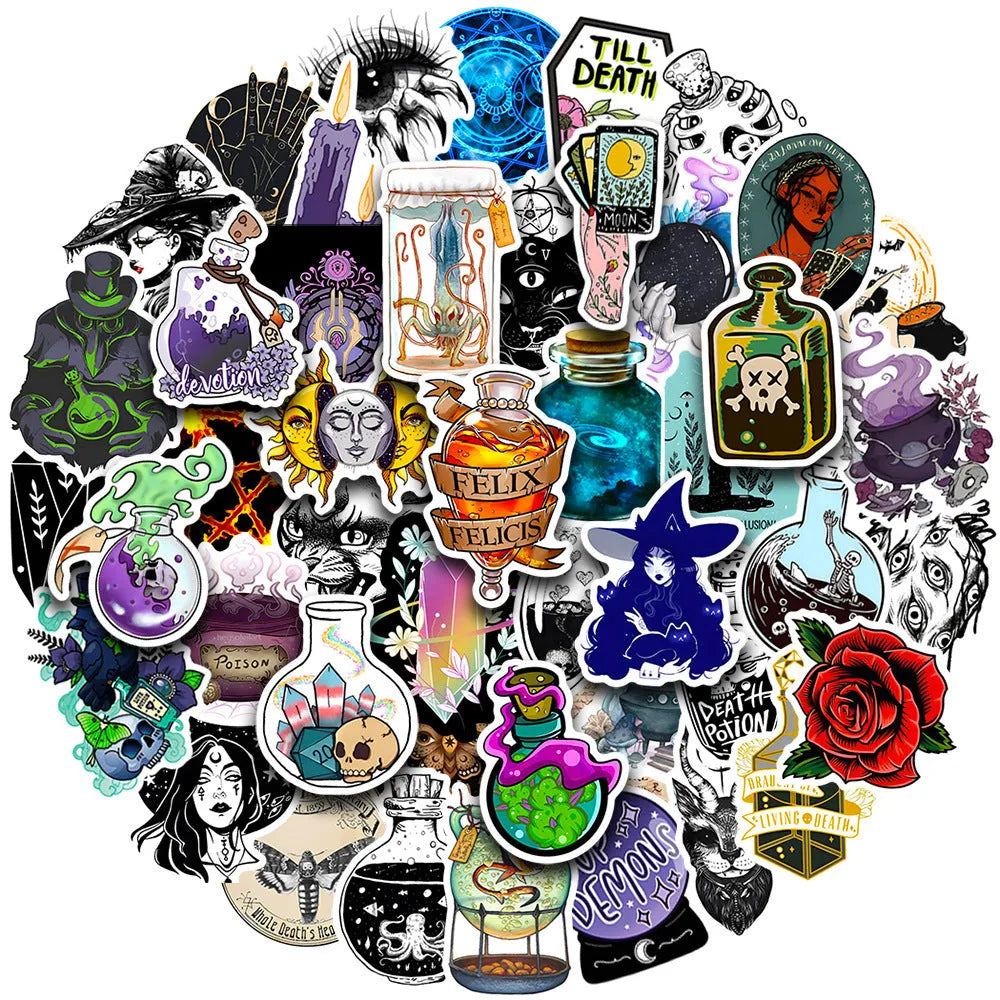 Waterproof PVC laptop stickers pack with glossy finish showing various designs and 3-8cm sizes