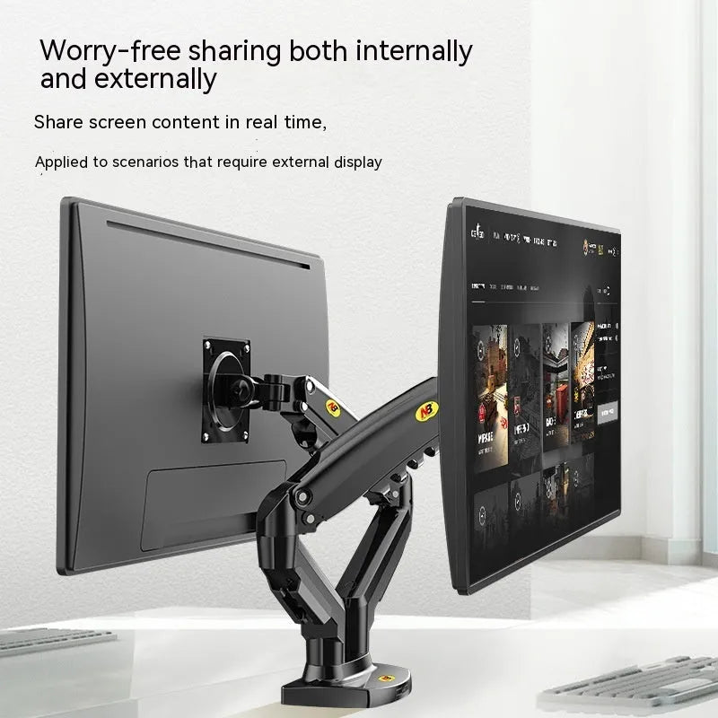 Dual screen monitor bracket in lifting style, made from aluminium and black ABS plastic.