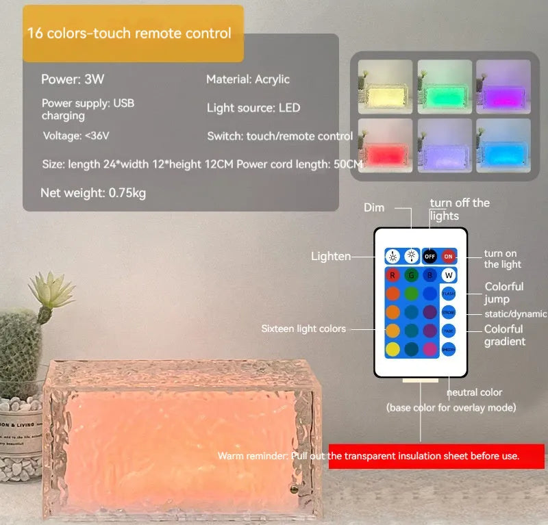 Clear acrylic geometric ice cube shaped night lamp with colour-changing LED lights.