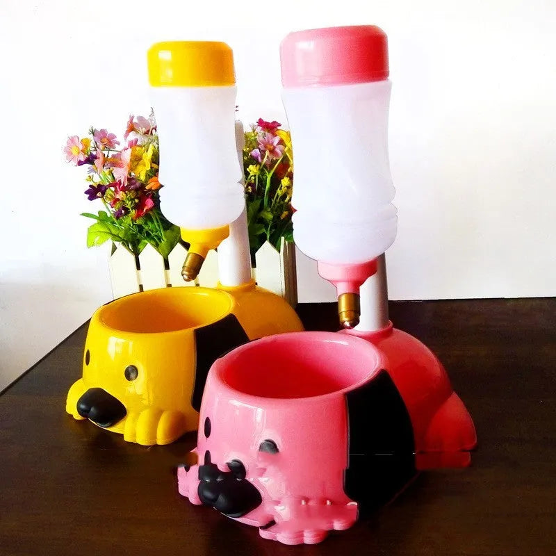 Adjustable plastic pet drinking bowl with rod lifting mechanism in blue pink or yellow reaching 42cm height