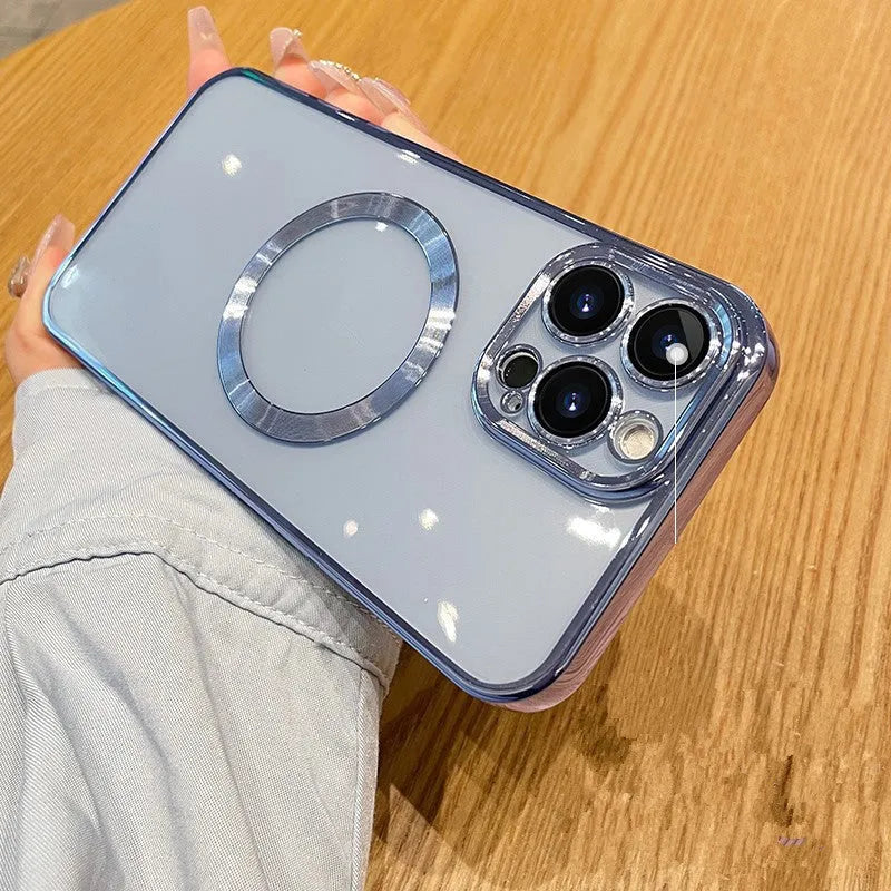 Transparent magnetic silicone phone case for iPhone 13 in black, showing full back coverage and MagSafe ring