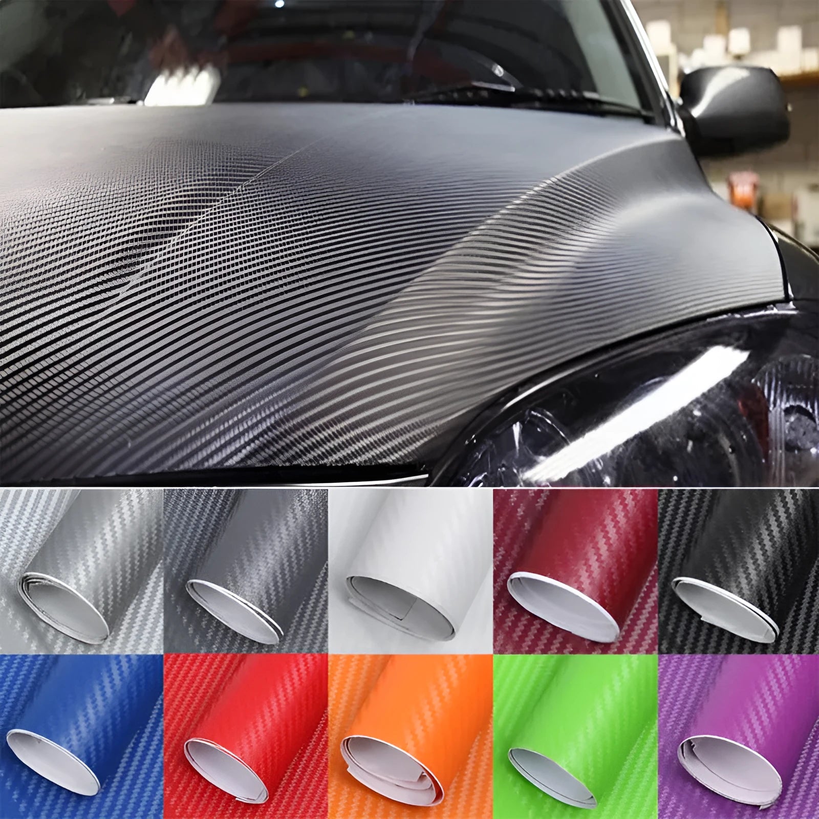 Roll of 3D carbon fibre car sticker measuring 30cm by 127cm in eight colour options