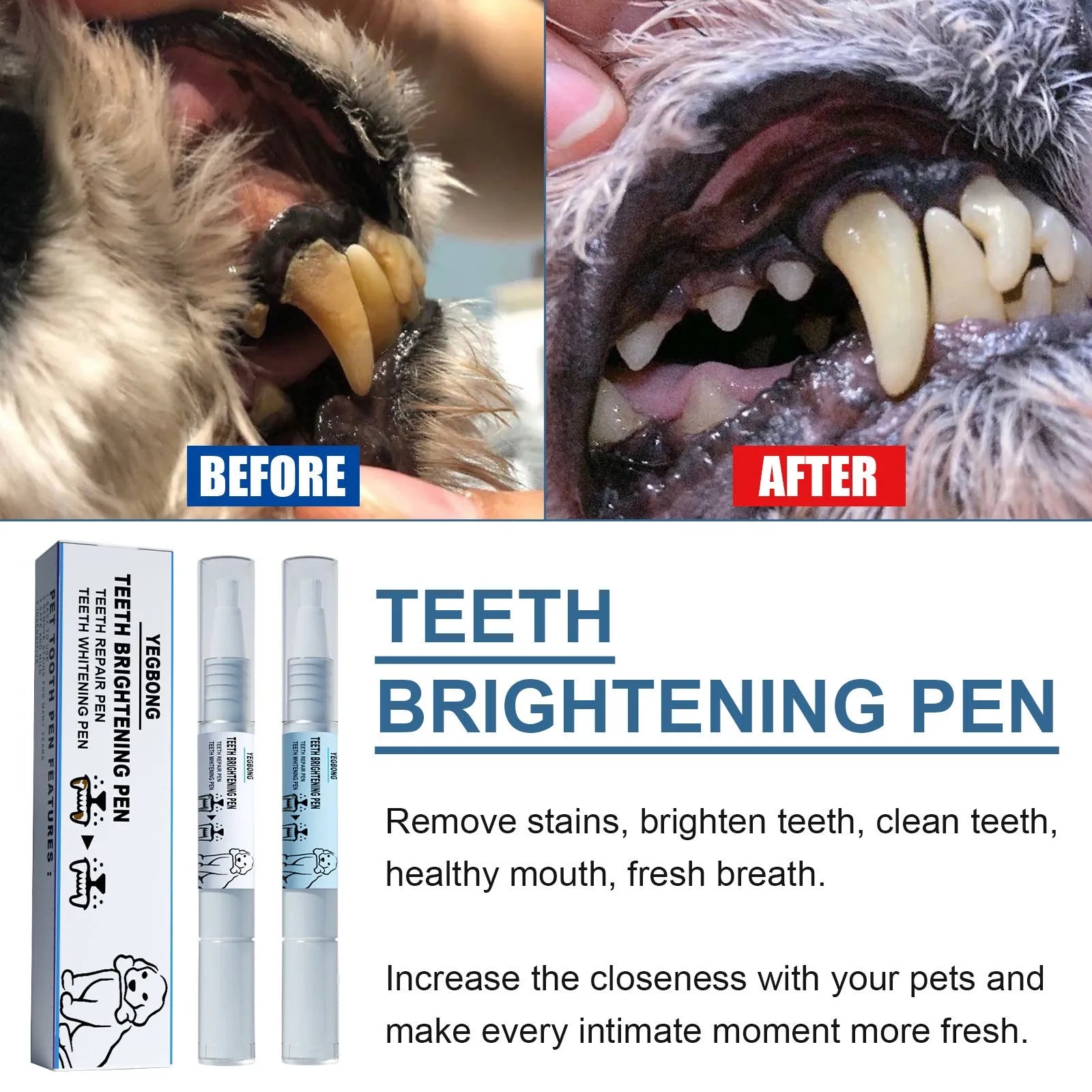 Pet teeth whitening pen with 3ml+3ml formula and dental brush applicator for dog and cat dental care