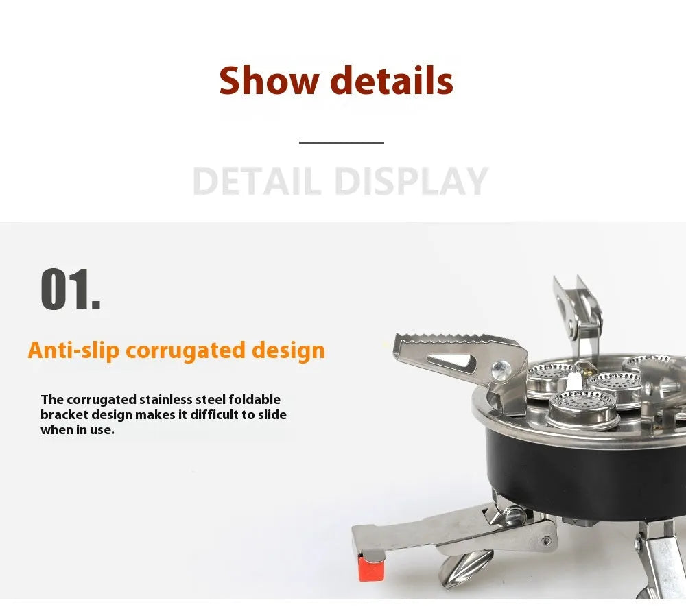 Silver portable split camping stove with stainless steel construction and fuel hose
