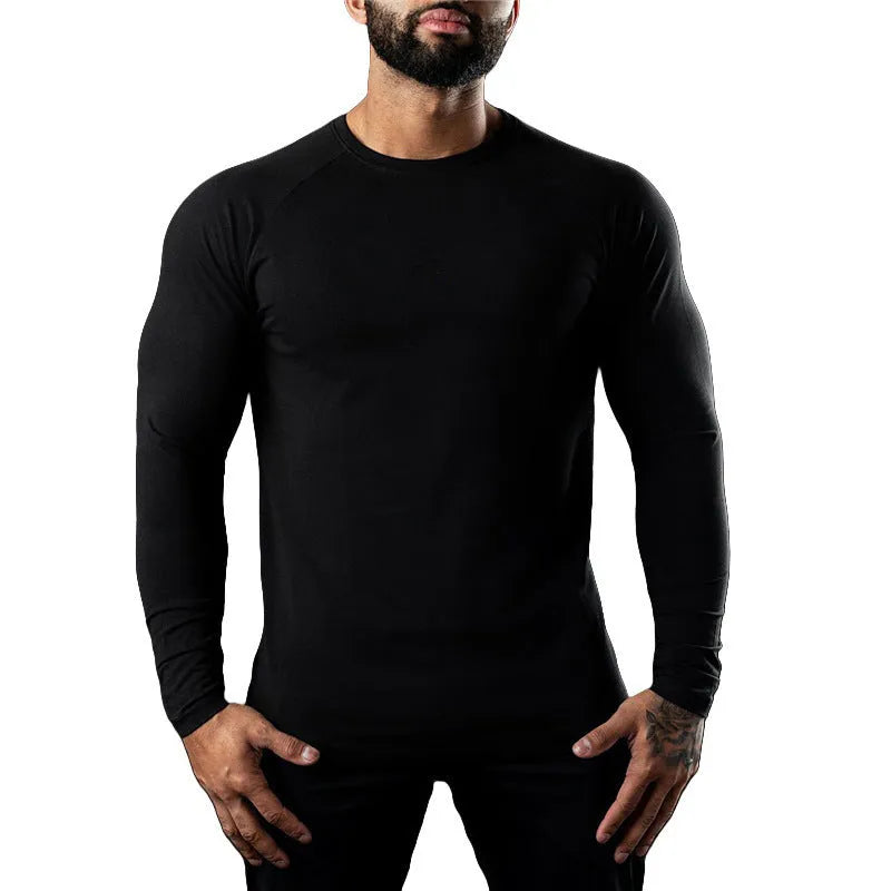 Men's long sleeve tight cotton sports t-shirt in army green, round neck, quick-dry exercise top