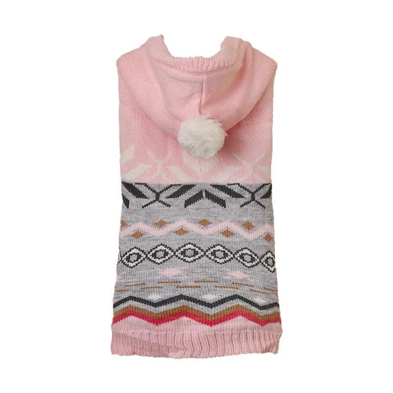 Blue diamond pattern dog sweater on pet model showing knit texture and fit