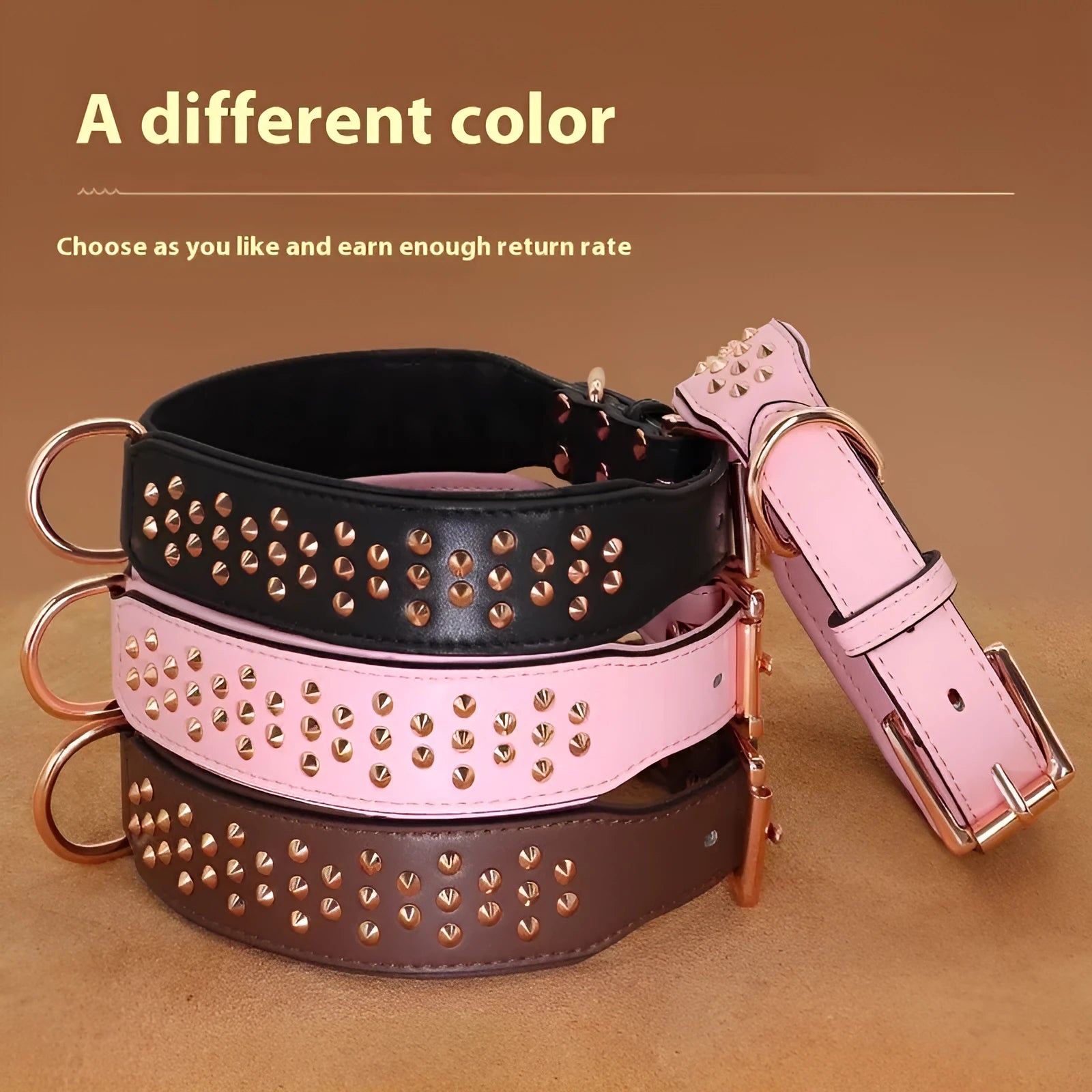 Leather dog collar with metal anti-bite rivets in black, chocolate, or pink.