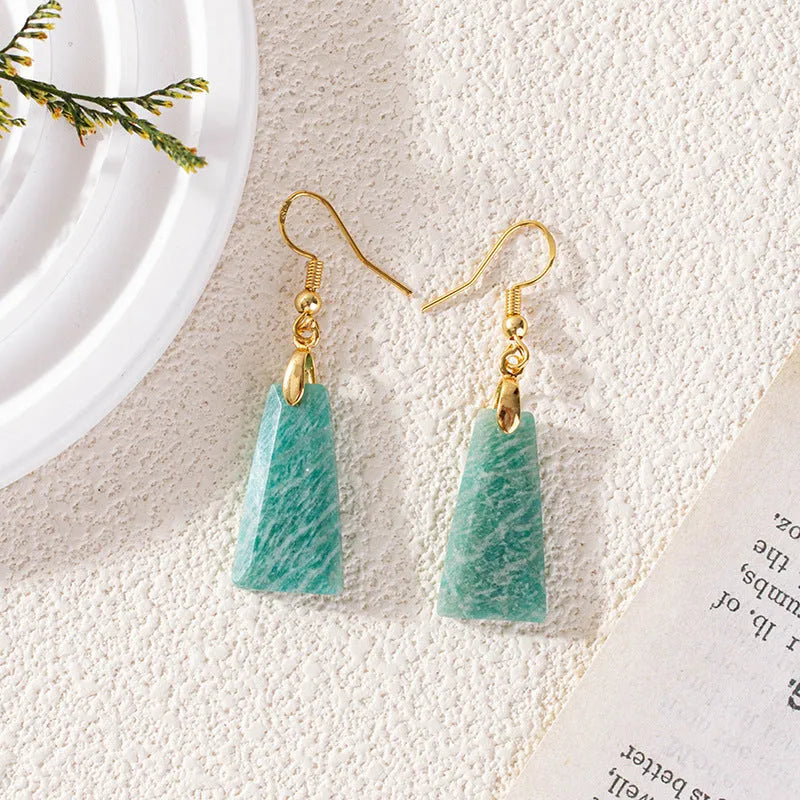 Amazonite rough stone trapezoid cut earrings with geometric design in gold setting