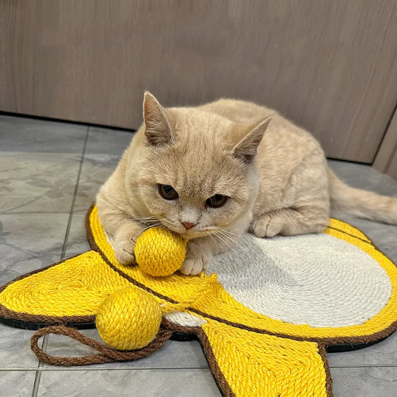 Yellow sisal cat scratching board with Corgi design and anti-slip base.