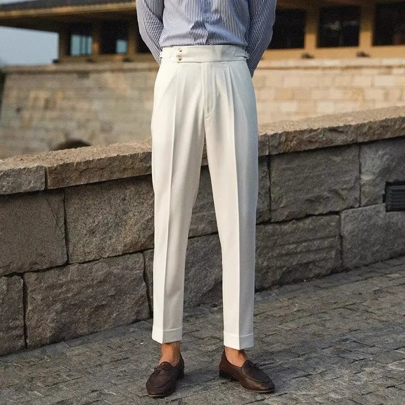 Men's slim fit suit trousers in polyester blend fabric showing straight leg design