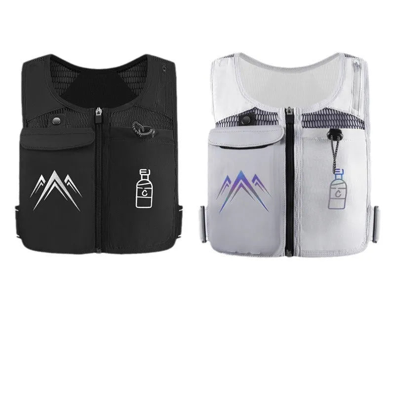 Sports running vest with integrated mobile phone pocket in breathable grey mesh fabric