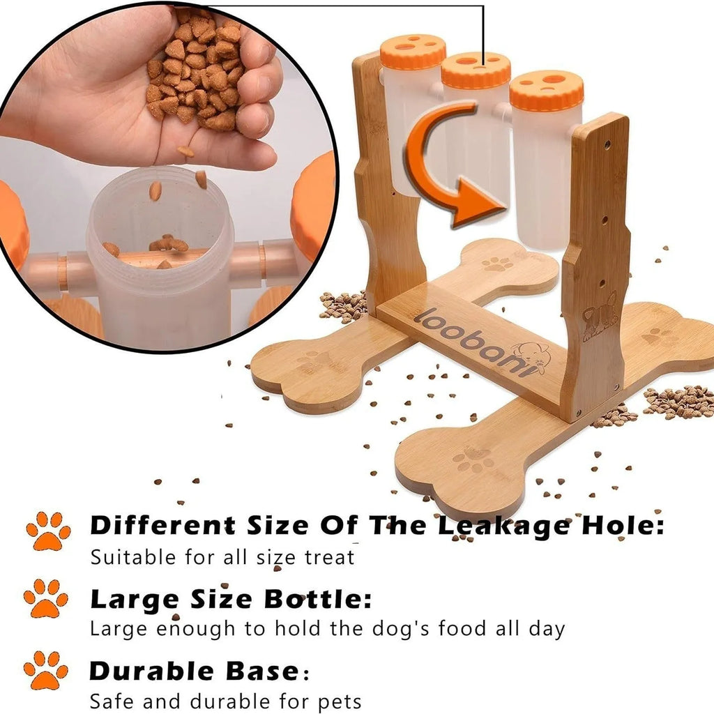 Wooden dog puzzle toy measuring 31x30x20cm with interactive snack dispenser design
