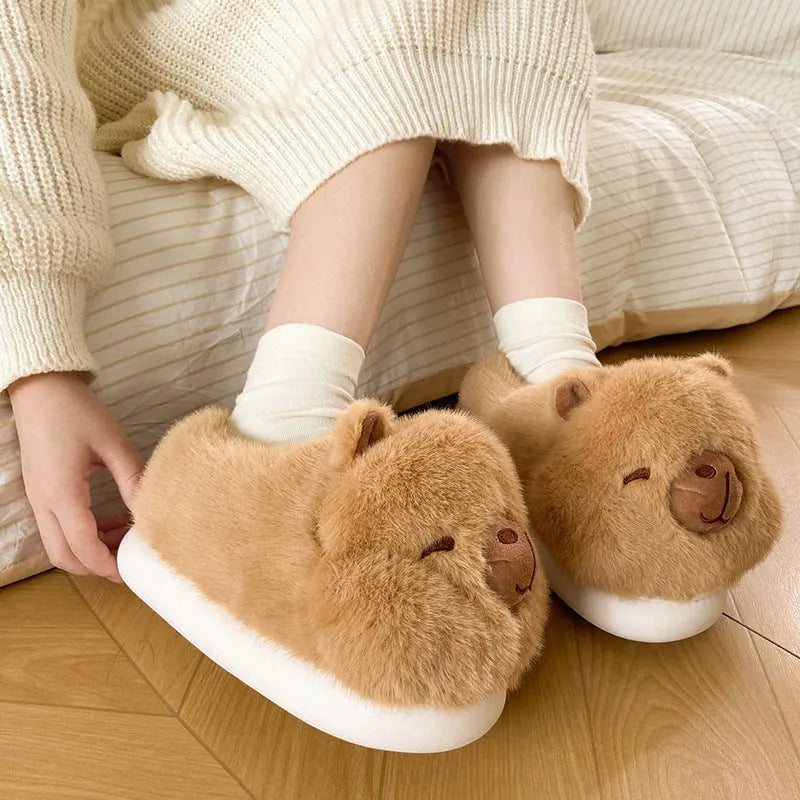 Light brown women's winter slippers with cartoon pattern, plush upper and artificial wool lining
