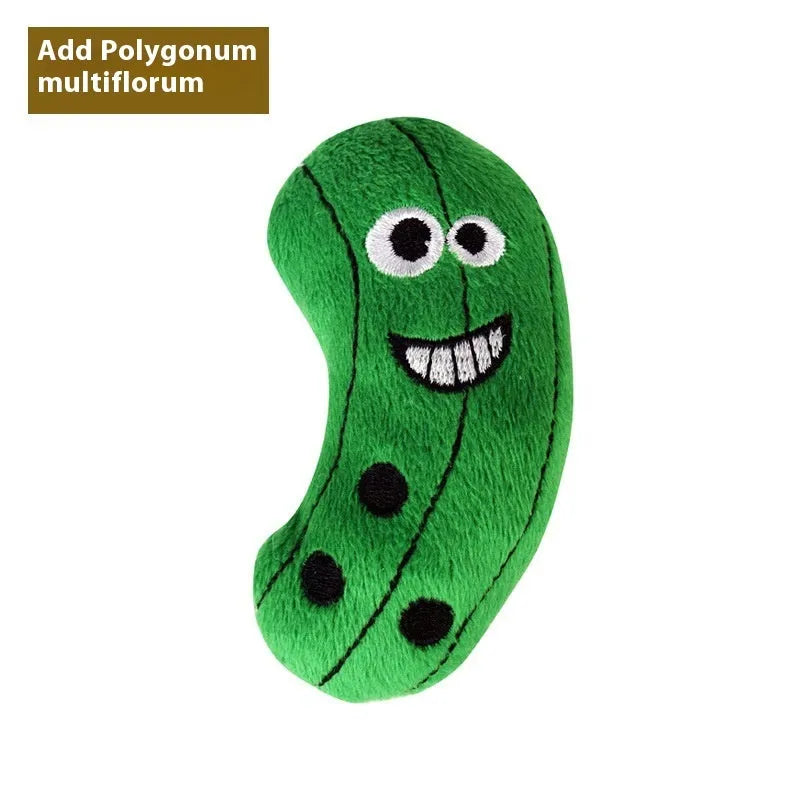 Catnip-filled plush cat toy pillow in various food shapes like burrito and pineapple.