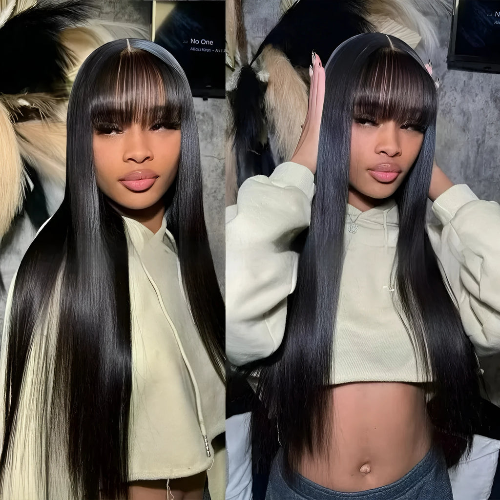 Natural colour human hair straight fringe wig with full-mechanism headgear no lace, 10-32 inch lengths