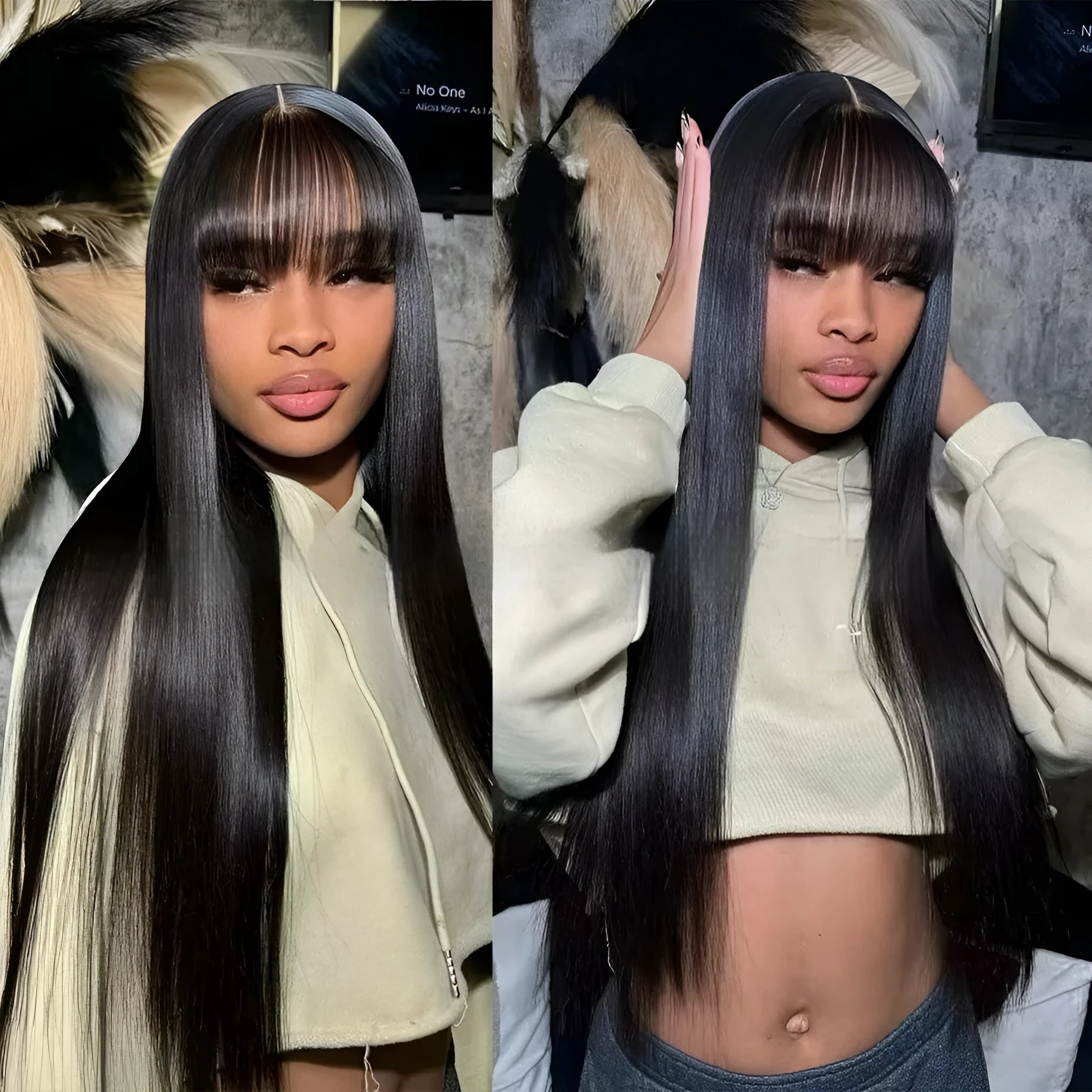 Natural colour human hair straight fringe wig with full-mechanism headgear no lace, 10-32 inch lengths