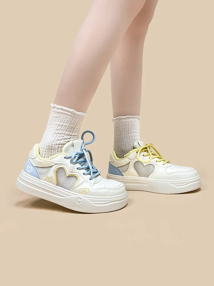 Korean style mesh sneakers in Meow Rabbit Sea Salt Cheese colour with cross-strap design and thick rubber sole
