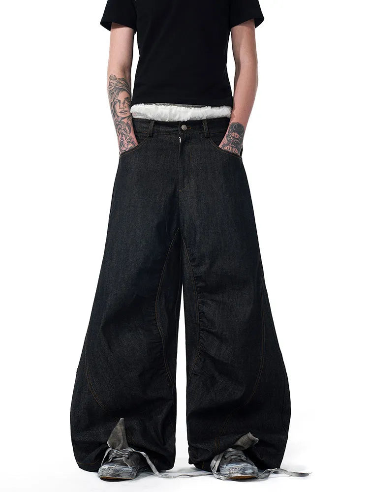 Black temperature-sensitive colour-changing embroidered red ear wide leg jeans in cotton denim