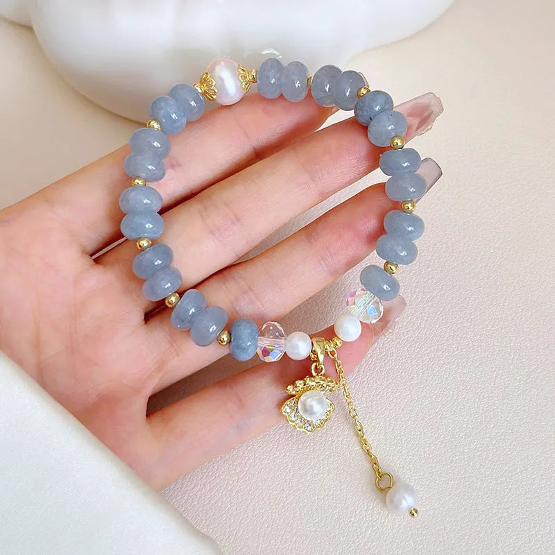 Natural aquamarine pearl shell healing bracelet for women handmade travel commemoration gift