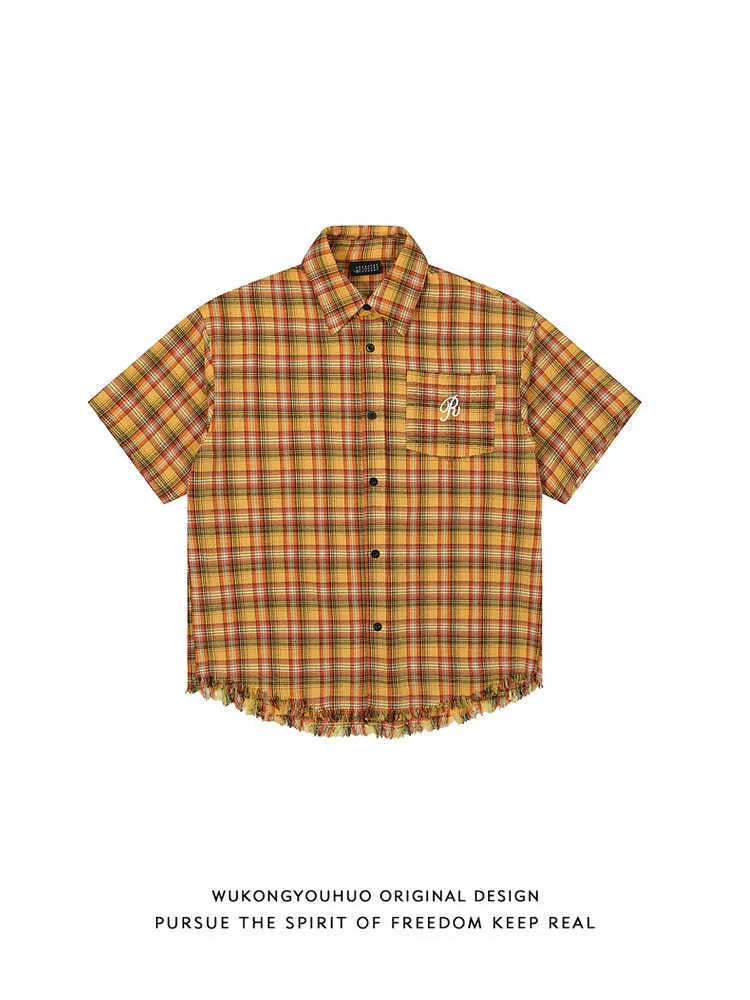 Yellow grid pattern short sleeve plaid shirt with embroidery pocket, loose fit design