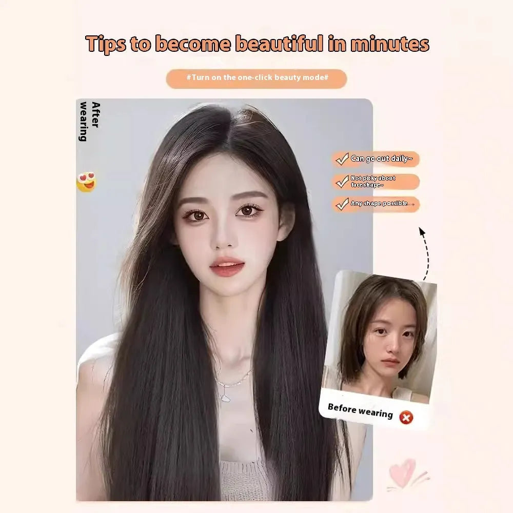 Forehead lace long straight hair full-head wig with side bangs in dark brown