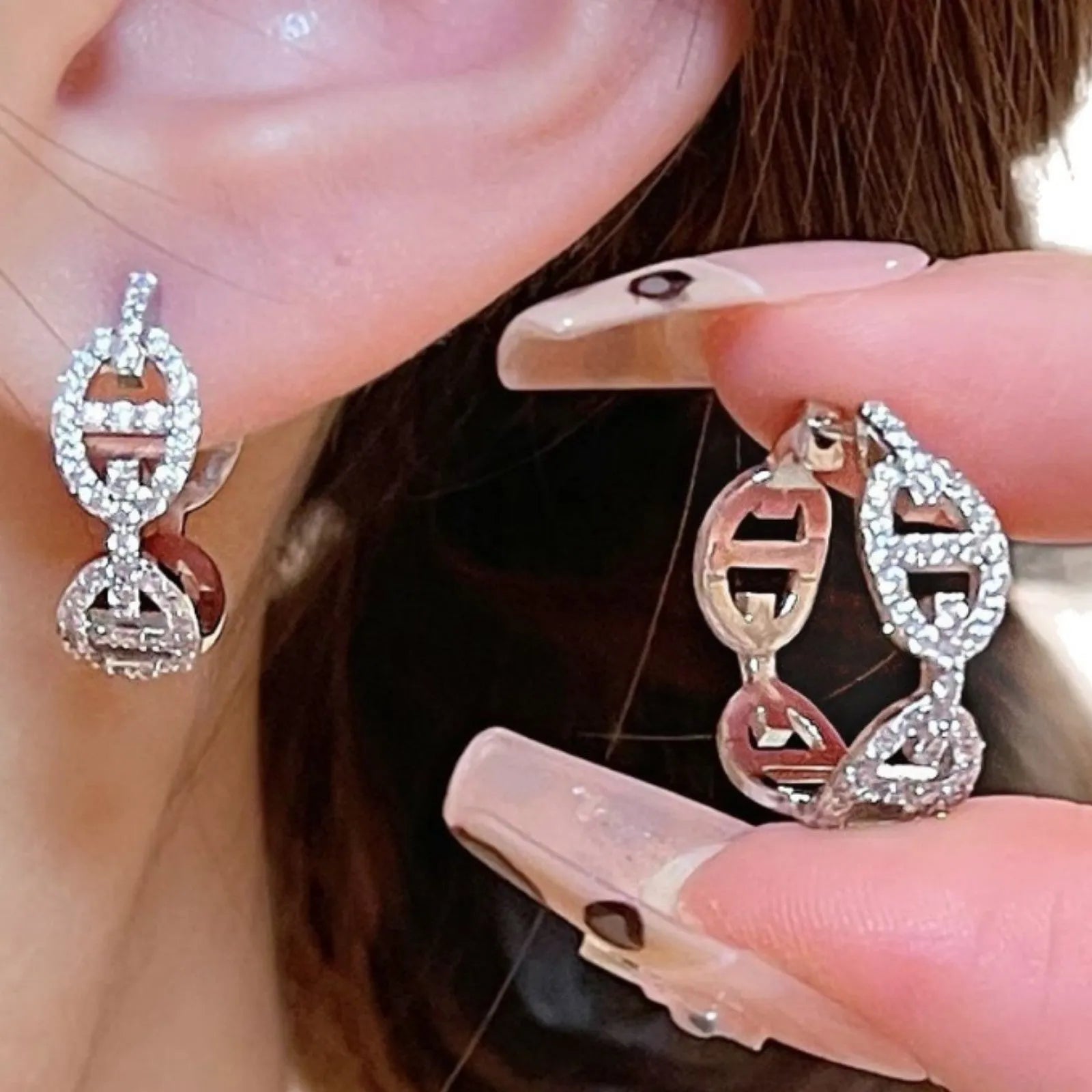 Ladies electroplated copper diamond earrings with thick gold plating in silver colour option