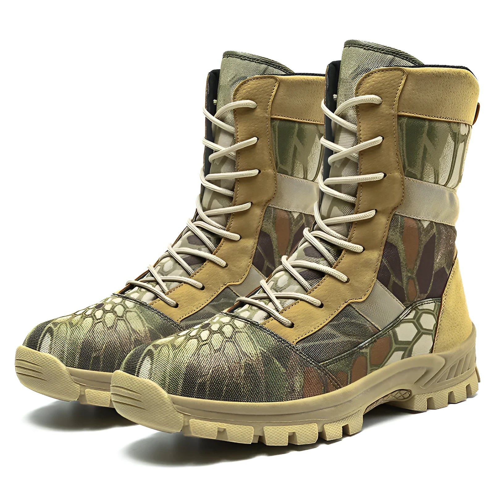 Men's black and camouflage mesh upper combat boots in plus sizes with high-top design