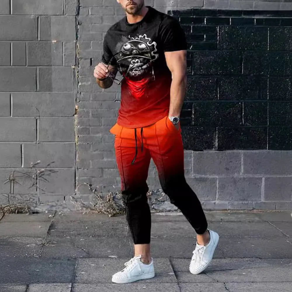 Man wearing a short-sleeved printed pullover and matching trousers from a polyester sport suit set.