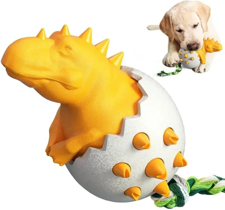 Blue dinosaur-shaped durable rubber dog chew toy with a knotted rope centre for aggressive chewers.
