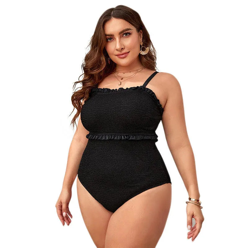 Black plus size women's bikini swimsuit with double shoulder cover design